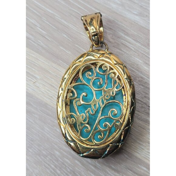 Large Oval Turquoise & Gold Tone Filigree Pendant 17.46g Vintage Boho 177 - Picture 3 of 6
